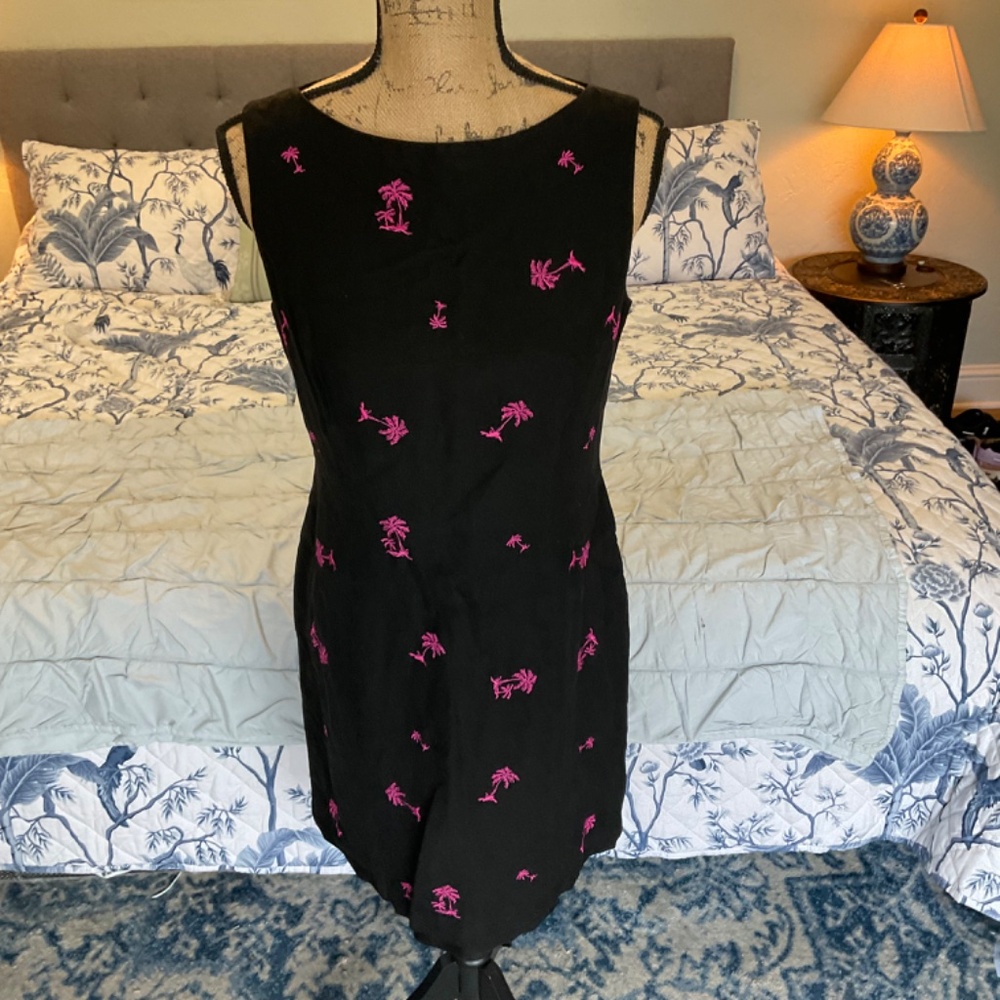 VTG Annie Alexander 100% Linen  Palm Tree Shift Dress Black Pink Resort Lilly 6